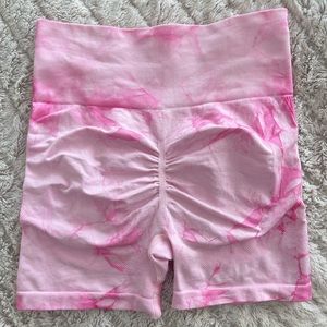 Pink tie‎ dye scrunched butt workout shorts